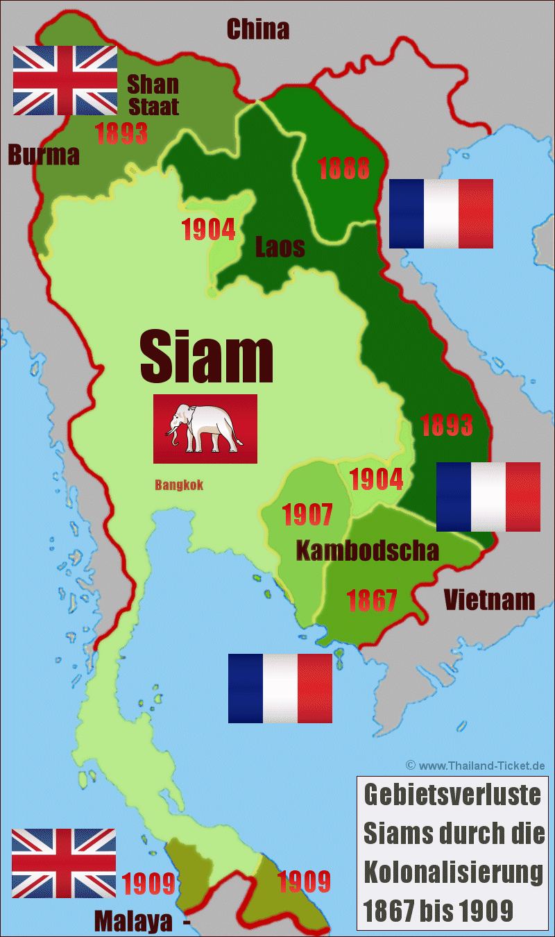 Thailand History Map - Siam Gebietsverluste 1867-1908