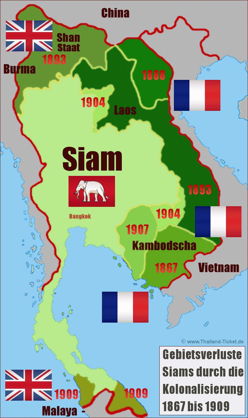 Thailand History Map: Siam Gebietsverluste Kolonialisierung 1867-1909