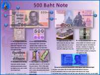 Bild: Die 500 Baht Banknote mit Portrait von König Bhumibol Adulyadej. Rückseite: König Chulalok (Rama I) und König Nabhalai (Rama II) und Gemälde Smaragd Buddha Tempel